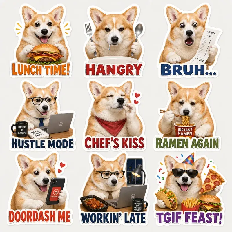 Nine custom AI stickers created from one corgi photo